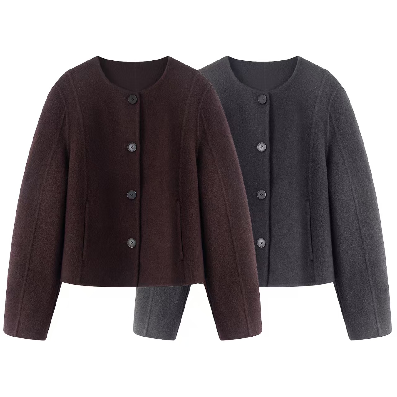 迪家!2025女装冬新款百搭简约休闲圆领羊毛双面呢大衣短外套3257