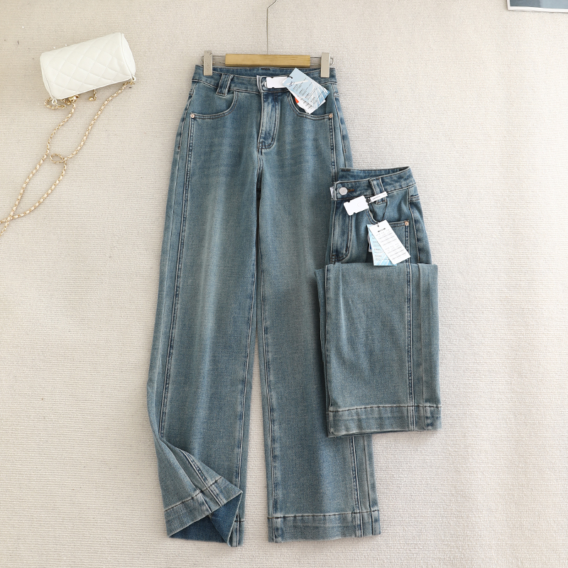 高货四面弹！窄版阔腿裤磨毛牛仔裤高腰气质显瘦百搭加厚直筒裤女