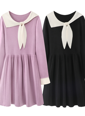 阔x系！紫色甜美针织连衣裙短裙女2025秋冬款气质收腰长袖小黑裙