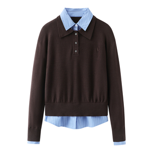 檬系の2026春设计感撞色条纹拼接百搭长袖针织衫假两件套头上衣女