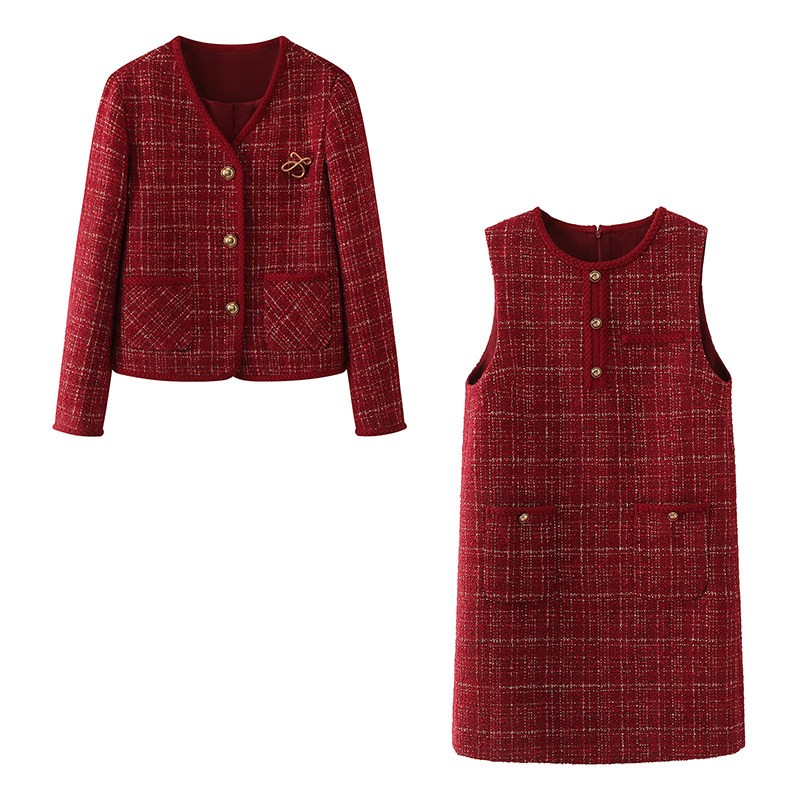 红色跨年战袍小香风V领亮丝短外套小个子无袖圆领背心裙两件套 女,女装/女士精品,时尚套装,淘宝优惠券,粉丝福利购,淘宝优惠卷