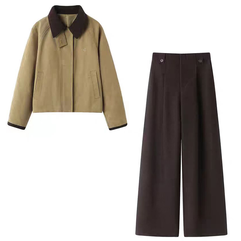 朗系!撞色翻领拼接灯芯绒夹克短外套高腰直筒阔腿休闲裤两件套女