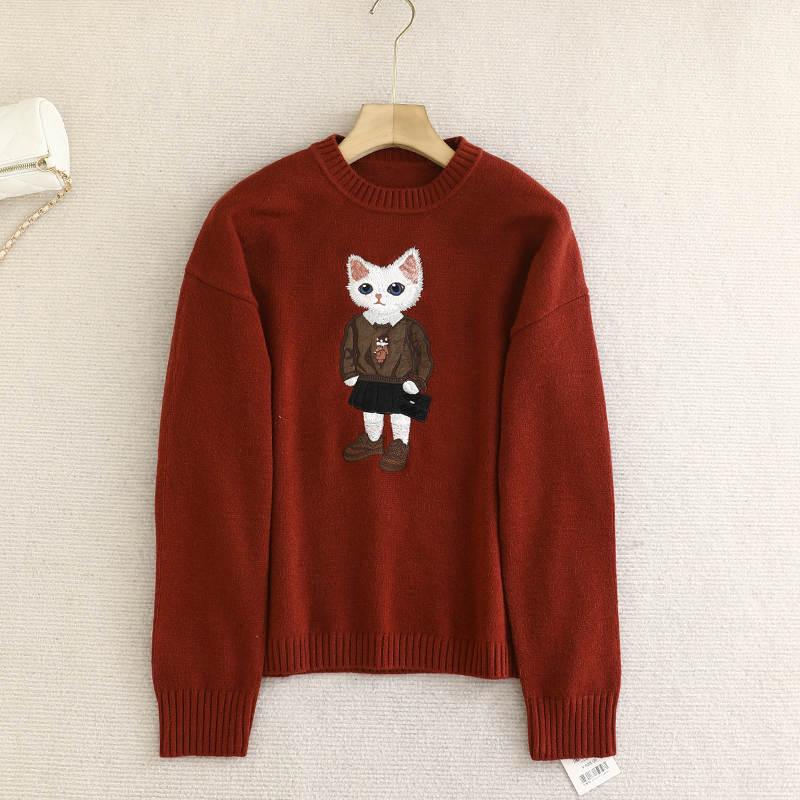 诗系!2025秋冬小个子时尚减龄卡通猫咪圆领长袖套头针织衫毛衣女