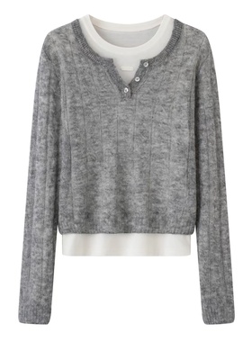 鸟家！202秋冬季新款时尚V领两件套灰色叠穿百搭线套头毛衣上衣女