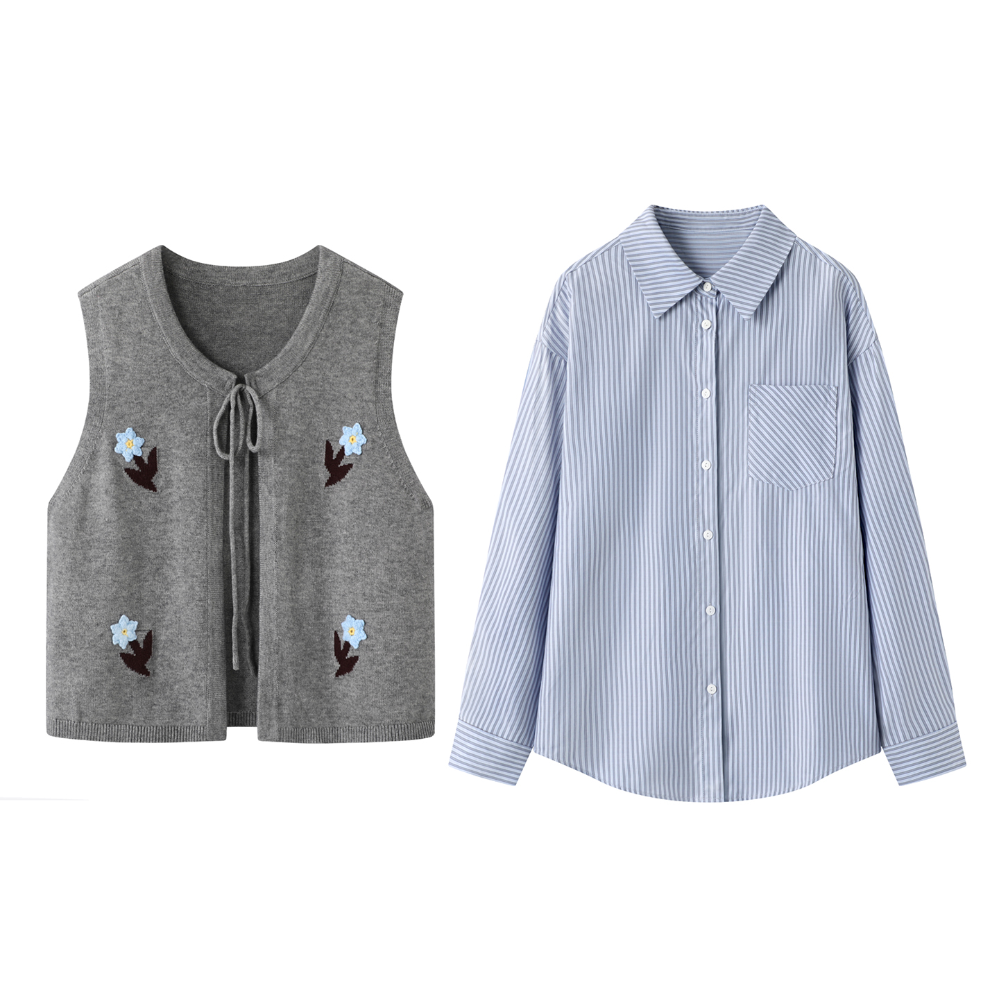 熙！花朵刺绣灰色叠穿漂亮减龄绑带针织马甲polo领宽松衬衫两件套
