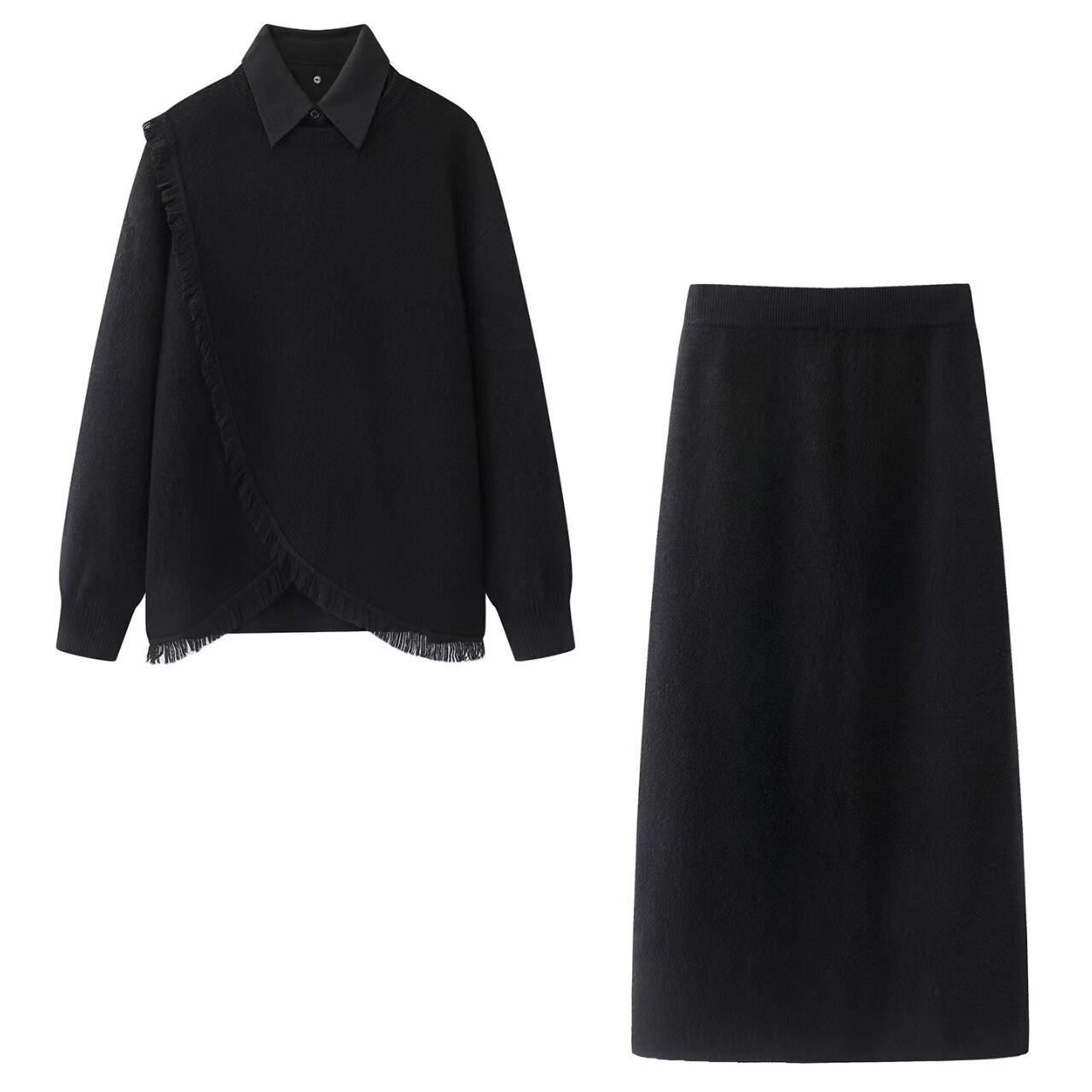 小艾！2025冬季新款针织衫半裙女黑色流苏边设计感毛衣时尚两件套