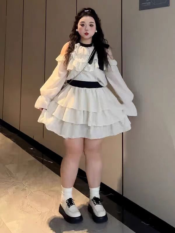 大码减龄套装波点雪纺上衣蛋糕短裙两件套女胖mm遮肉显瘦夏季套装