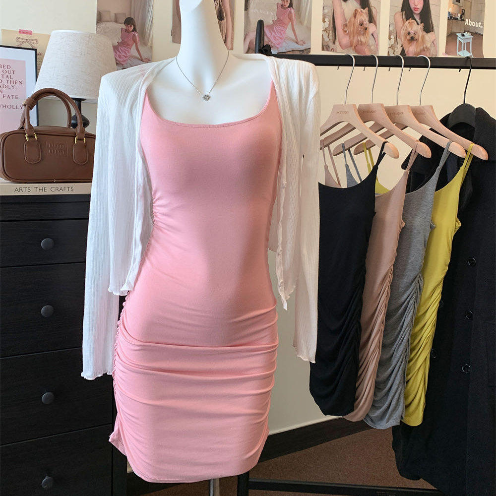 新款法式复古吊带背心蝴蝶结上衣女士短带胸垫收腰内搭外穿打底裙