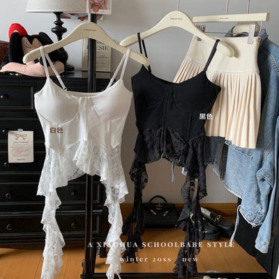 纯欲蕾丝拼接不规则小吊带背心女