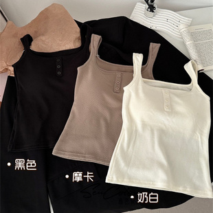 打底上衣 辣妹纯色飞机肩方领纽扣吊带背心女秋冬磨毛保暖内搭无袖