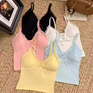 棉质法式时尚甜美蕾丝吊带背心纯欲带胸垫可外穿泰式ins短小上衣