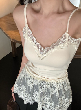 内搭下摆荷叶边屁帘拼接网纱无袖上衣白色V领绝美蕾丝吊带背心女