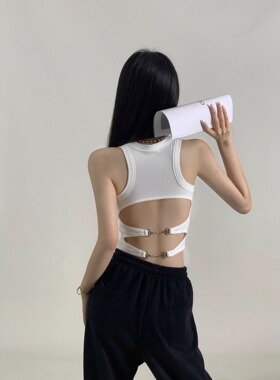 美式辣妹黑色美背露背吊带背心女夏季外穿带胸垫短款工字运动上衣