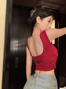 港味时尚复古字母吊带小背心女夏季辣妹外穿修身显瘦美背上衣ins