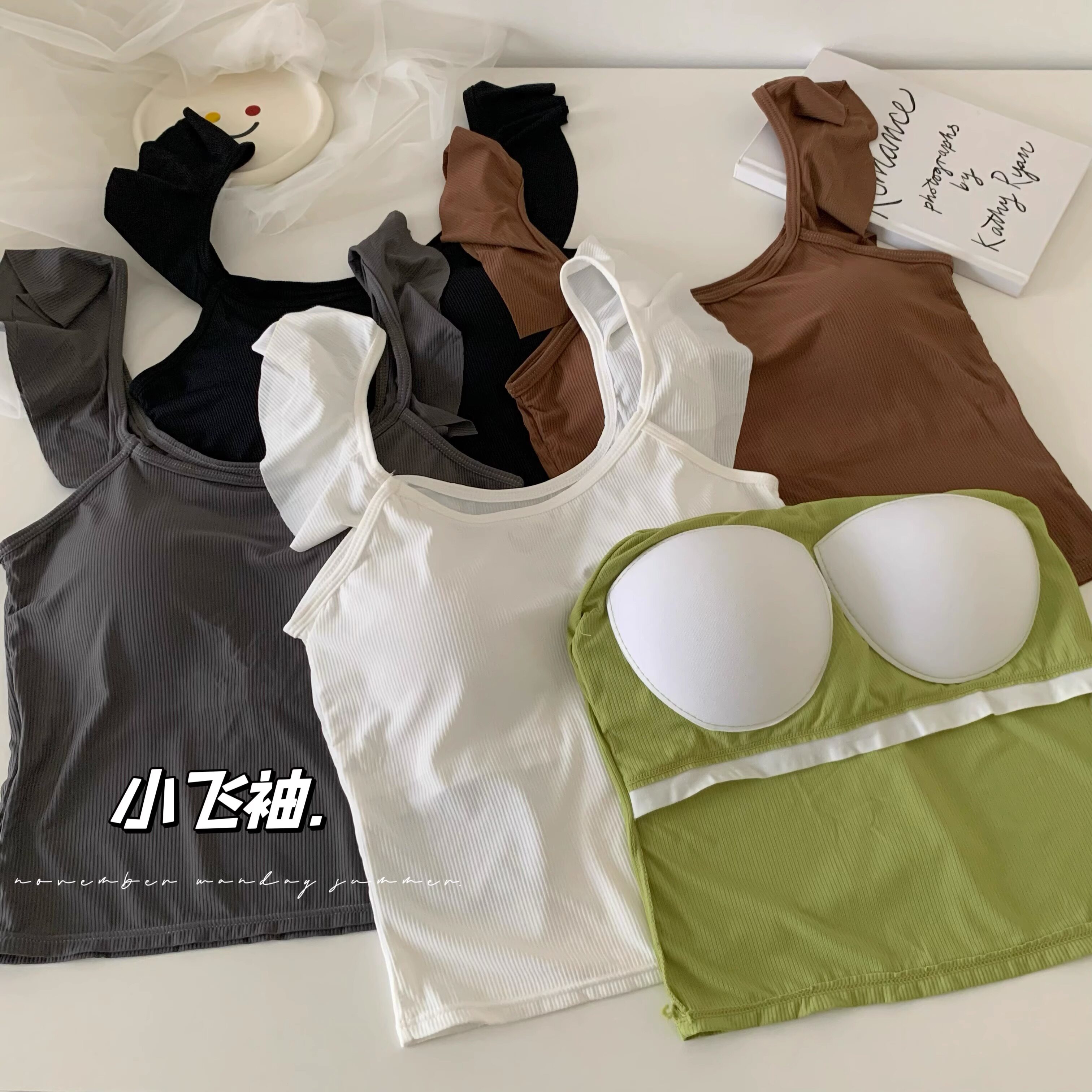 甜美飞飞袖背心吊带女夏修身露背绿色弹力上衣紧身短款裹胸打底衫