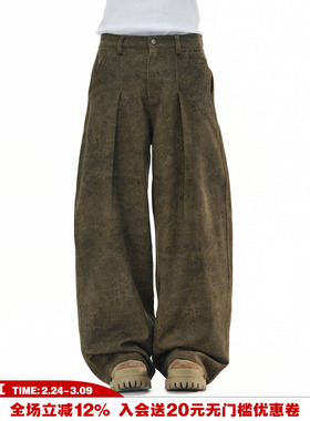 NOVACAM 美式重磅做旧废土风弯刀版型baggy阔腿褶皱褐色休闲裤