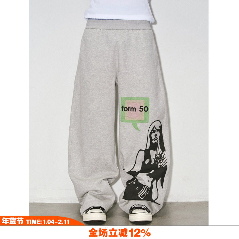 NOVACAM 美式复古人像印花弯刀阔腿慵懒版型百搭长裤休闲卫裤,男装,卫裤,淘宝优惠券,粉丝福利购,淘宝优惠卷