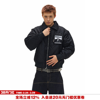 NOVACAM 复古美式菱形格短宽廓形刺绣飞行夹克bomber保暖棉服外套