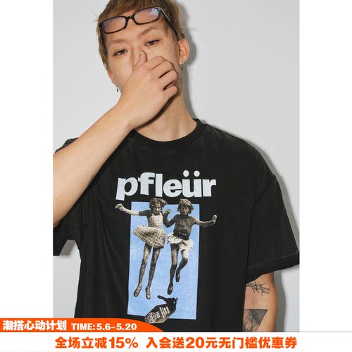 NOVACAM复古蓝色双胞胎印花T恤