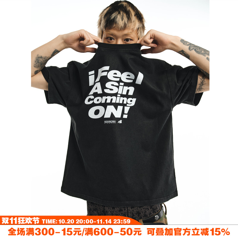 NOVACAM 美式vintage街头复古字母印花反缝线水洗黑宽松短袖T恤