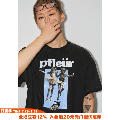 NOVACAM复古蓝色双胞胎印花T恤