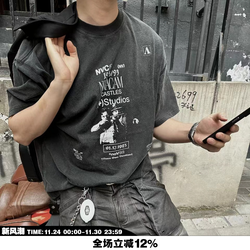 NOVACAM 美式复古vintage裂纹印花反缝线做旧水洗黑宽松短袖T恤