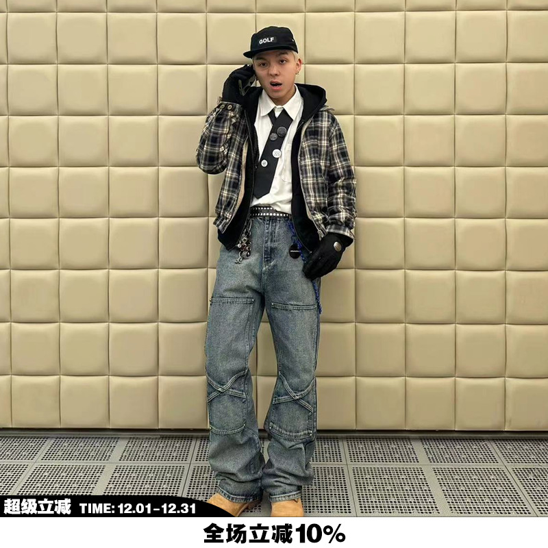 美式复古双膝伐木工装牛仔裤