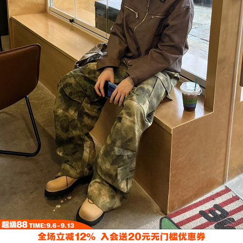 NOVACAM 美式复古休闲晕染迷彩baggy宽松多口袋直筒工装炮弹裤