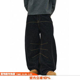 型baggy黑色原牛阔腿牛仔裤 重磅竹节纹原浆弯刀版 美式 NOVACAM