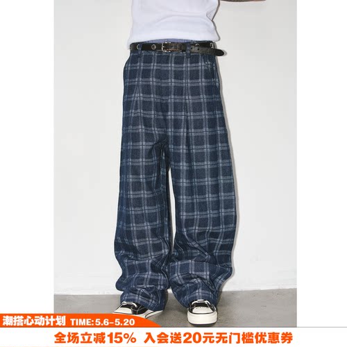 NOVACAM复古格子阔腿牛仔裤