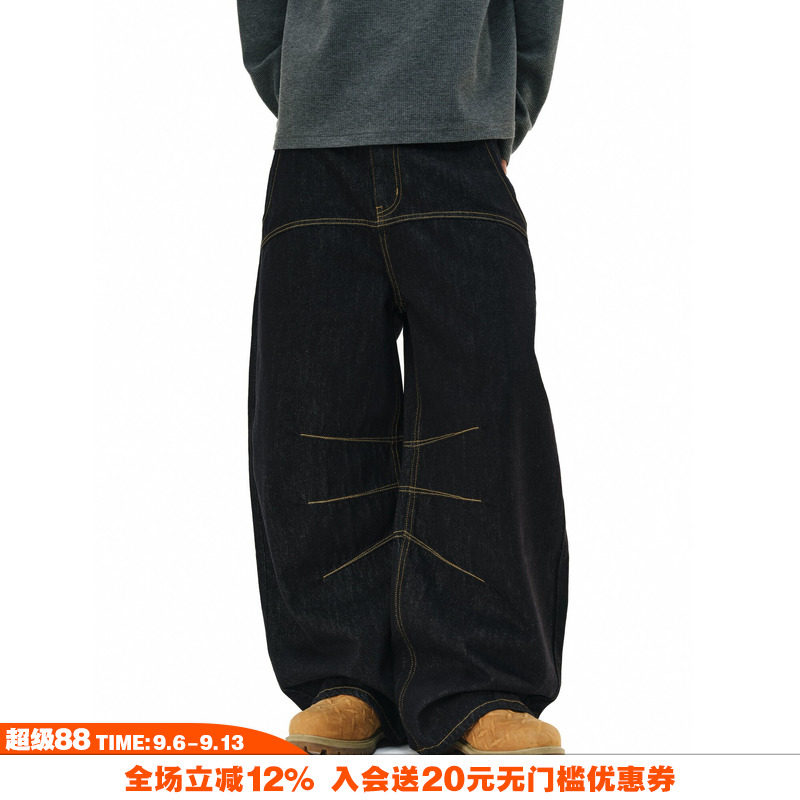 NOVACAM 美式重磅竹节纹原浆弯刀版型baggy黑色原牛阔腿牛仔裤