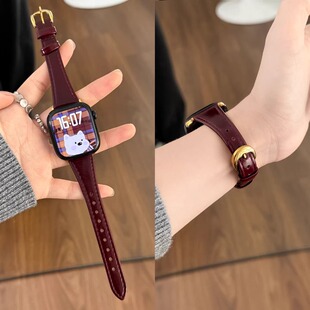 适用applewatchS11表带质感酒红真皮987苹果手表iwatch10高级腕带