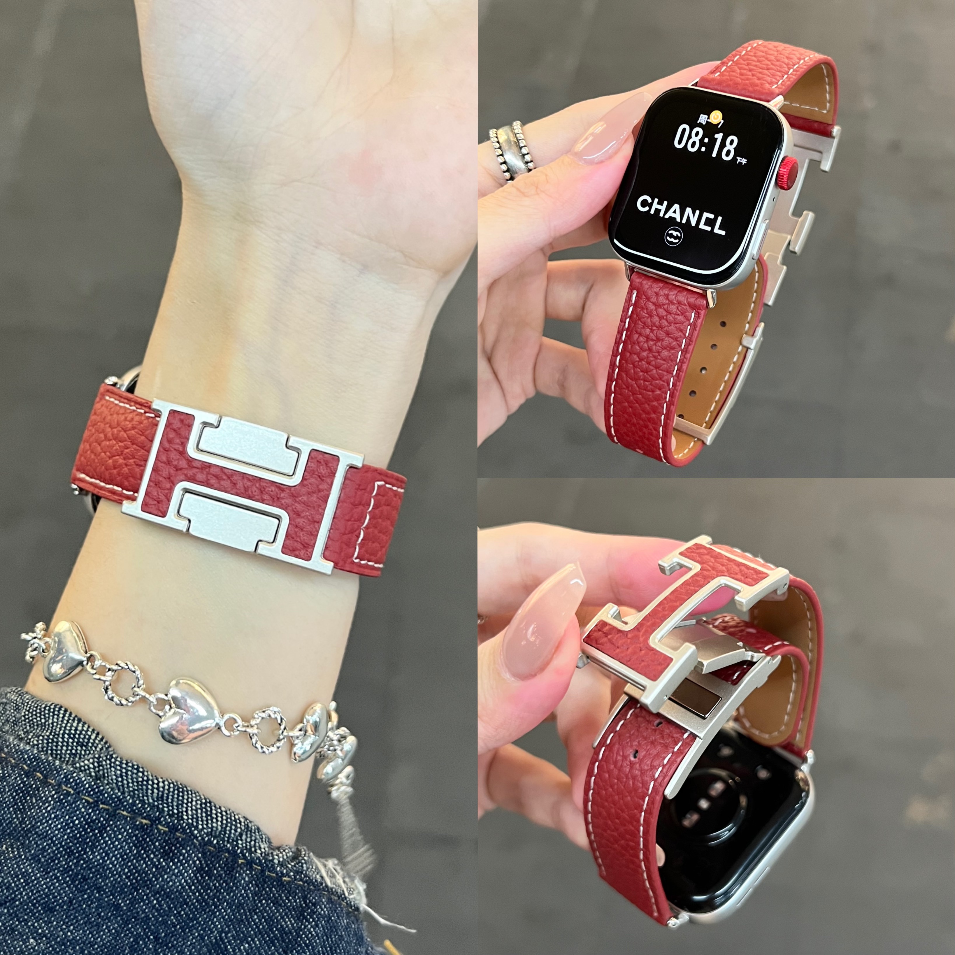 适用苹果手表iwatch10表带新款真皮荔枝纹876H字磁吸扣S9女款秋冬