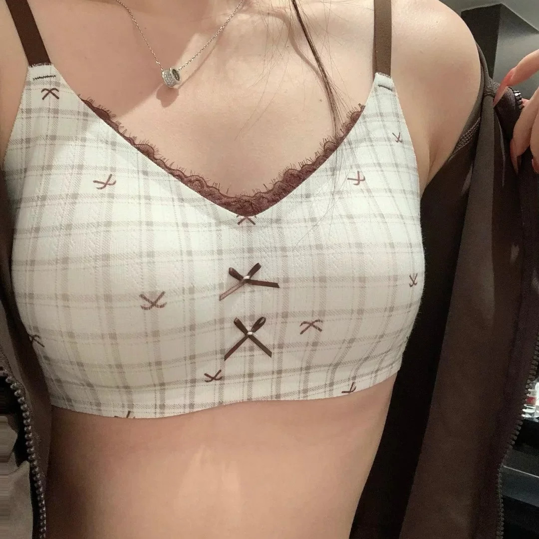 复古格纹蕾丝无钢圈聚拢文胸