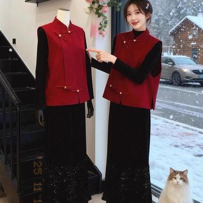 女生本命年三件套2026超火冬装一整套高级新中式国风红色马甲打底