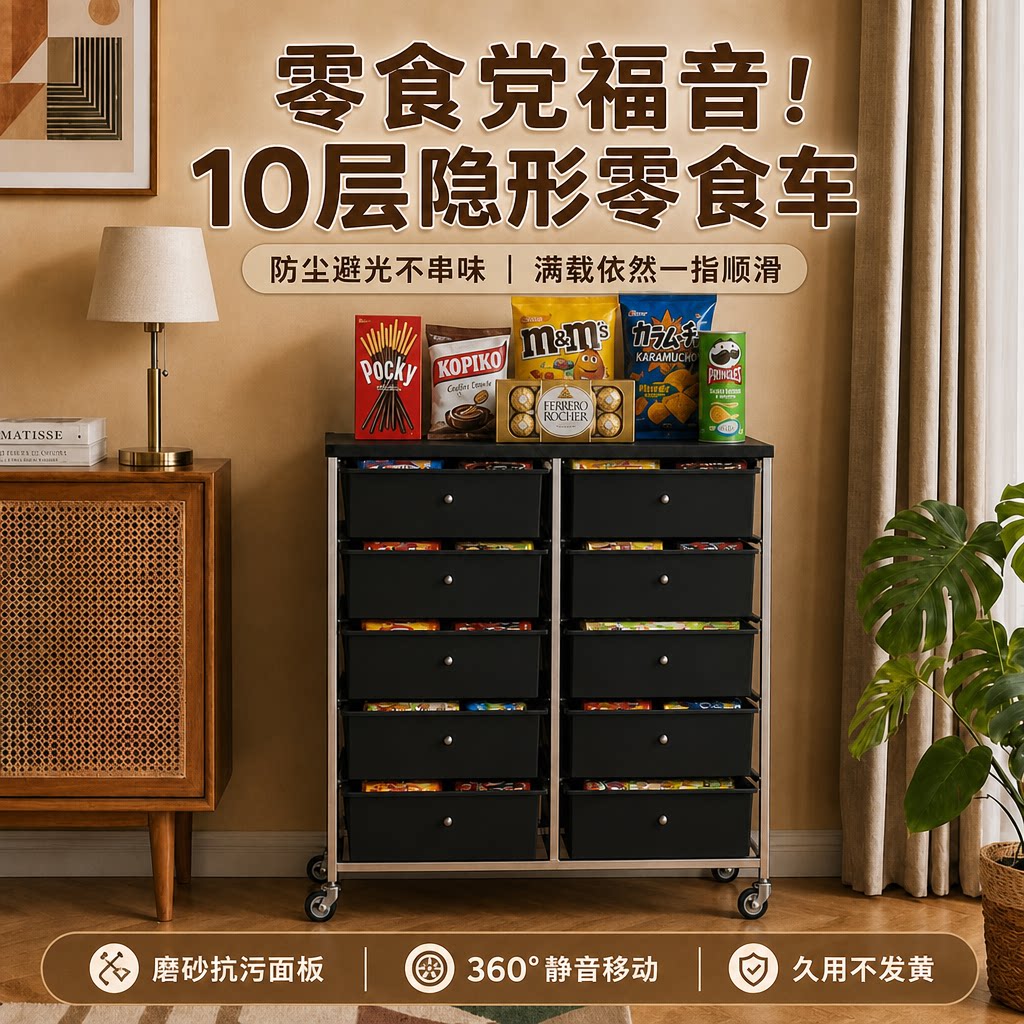 中古风带轮夹缝零食收纳柜