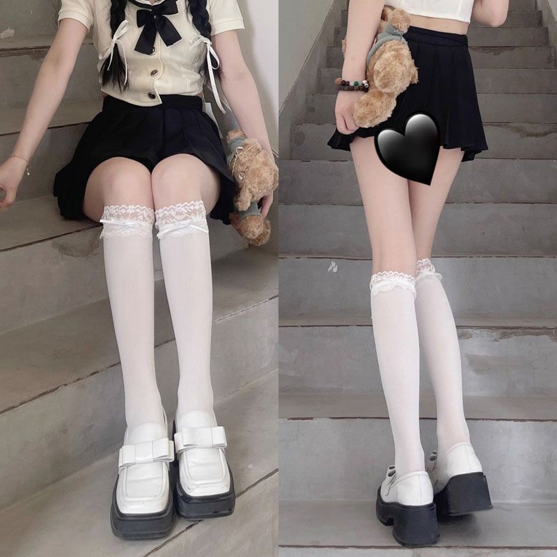 花边lolita堆堆袜子蝴蝶结jk小腿袜女纯欲风中筒袜可爱辣妹蕾丝夏