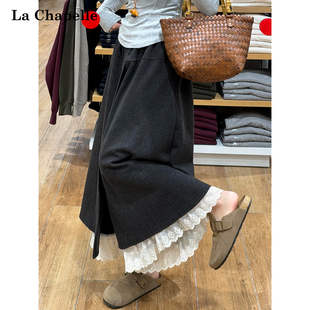 设计感裙裤 拉夏贝尔秋冬百搭复古裤 蕾丝蕾丝拼接半身裙女花边长款