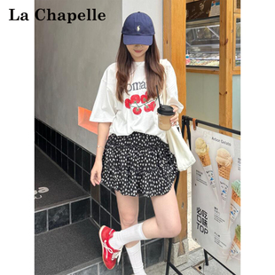 拉夏贝尔韩版 防走光a字半身裙黑色蓬蓬裙蛋糕裙 碎花短裙女夏季