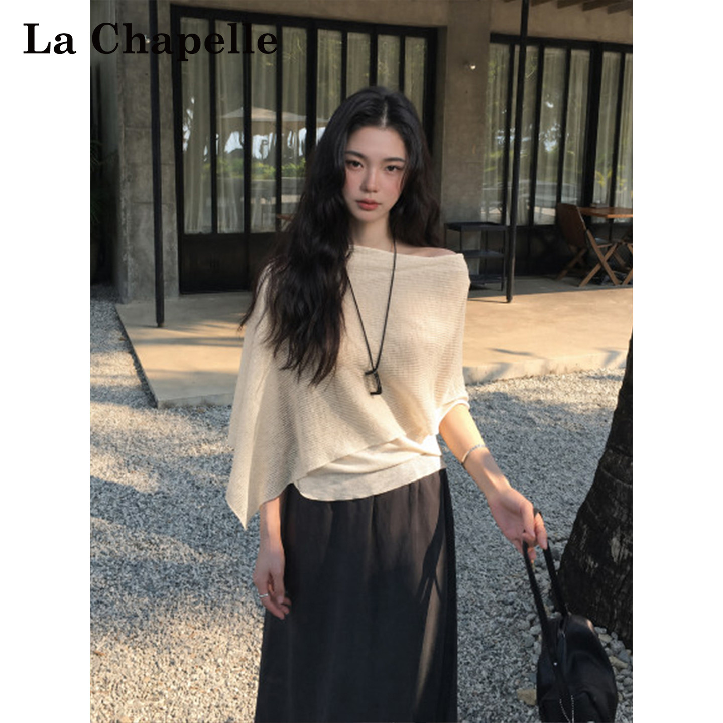 拉夏贝尔不规则披肩假两件斗篷式上衣女夏季新款漂亮短袖针织衫女图片