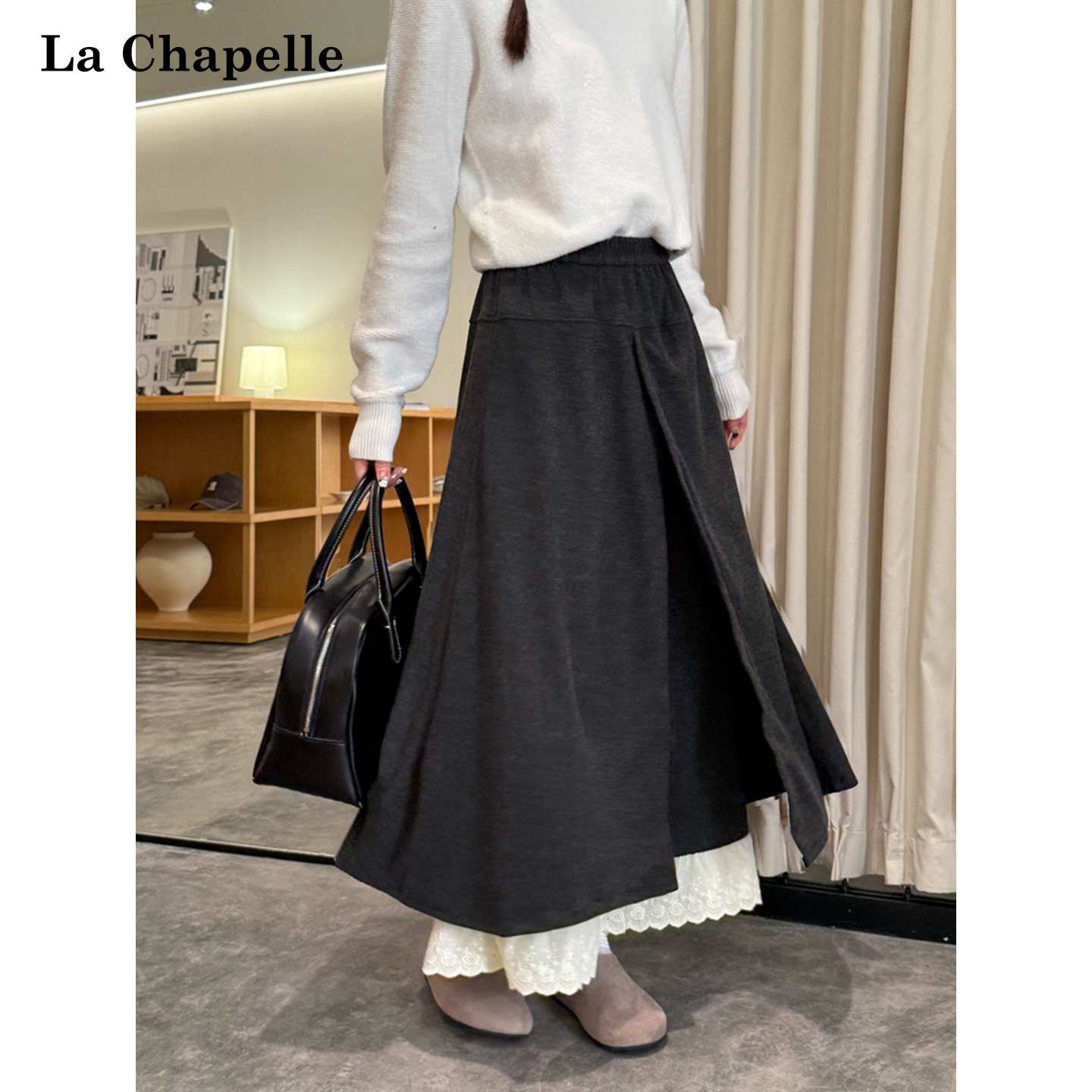 拉夏贝尔秋冬百搭休闲裤蕾丝女