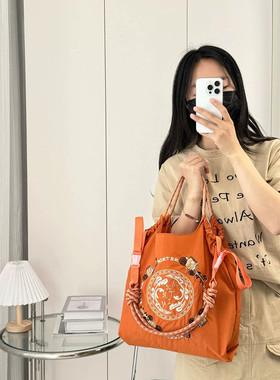 橙色背包托特包刺绣手提帆布包女购物袋便携单肩斜挎包小众百搭