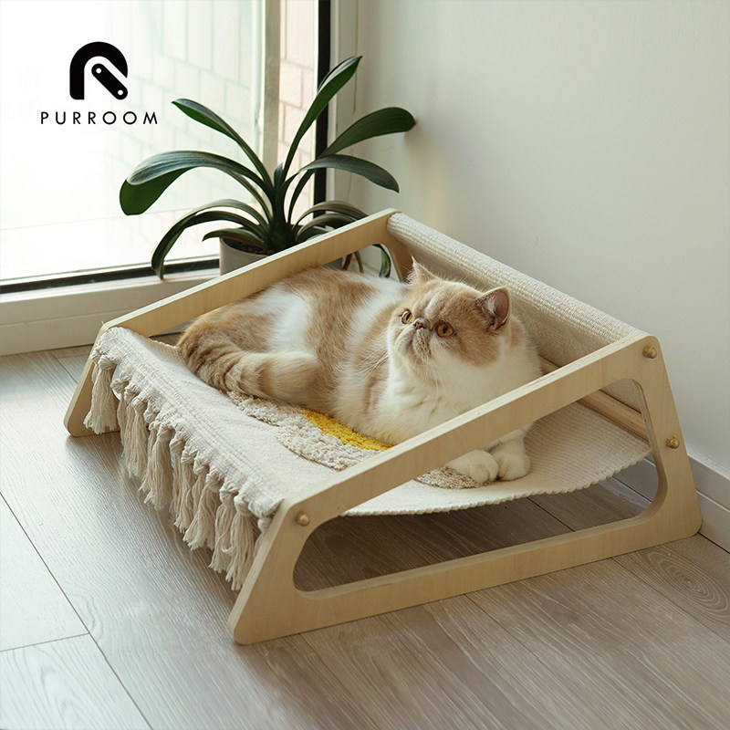 purroom猫床原创手工编织吊床木制猫窝垫子四季通用易收纳可拆洗