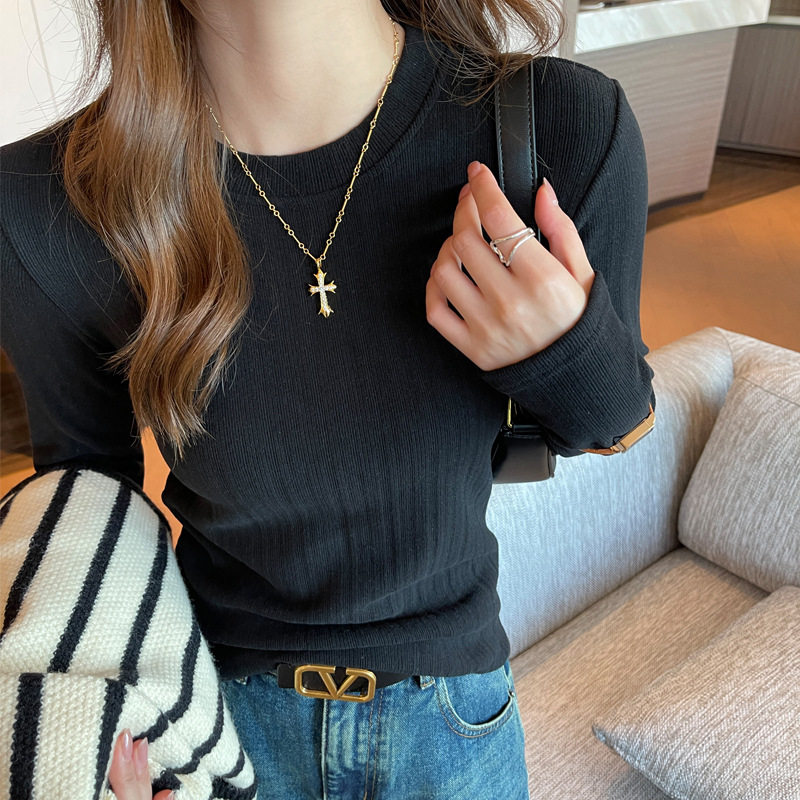 新款螺纹小圆领打底衫女内搭高级感秋冬季长袖t恤可外穿