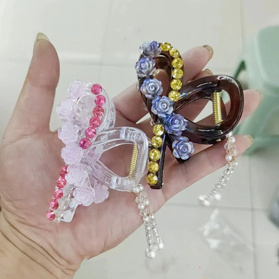 优雅小香风粉色花粉钻抓夹女后脑勺高端盘发鲨鱼夹发夹浪漫发抓