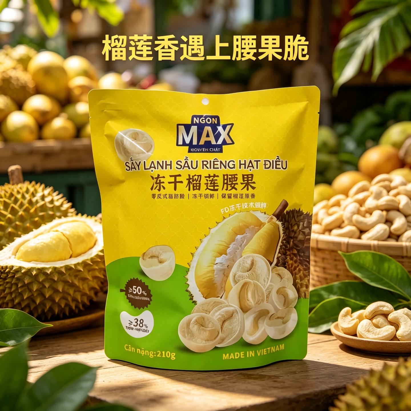 代购越南网红 NGON MAX 冻干榴莲腰果休闲办公零食坚果210g/袋