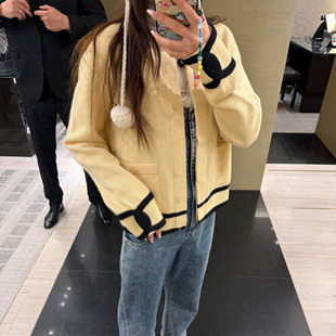 2026S小香风羊毛针织淡黄色开衫外套女
