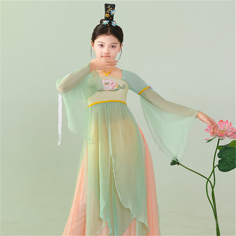 儿童古典舞蹈服纱衣长裙女童中国风汉服飘逸民族扇子舞身韵演出服