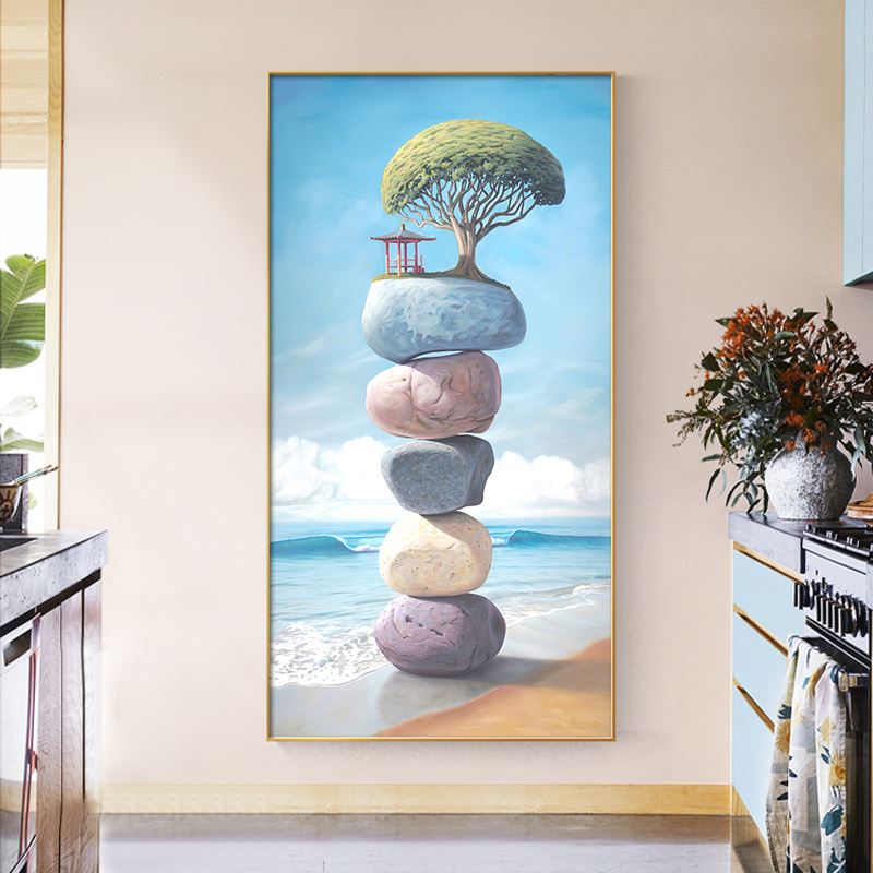 现代简约小清新时来运转石头挂画入户玄关装饰画竖版走廊对面壁画