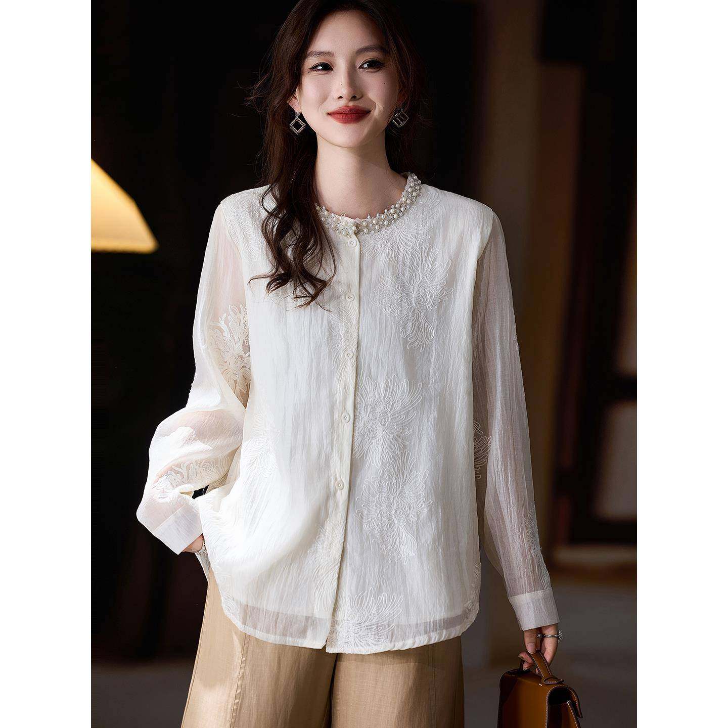 素木气质钉珠刺绣衬衫女2025年大码宽松衬衣秋季新款欧货长袖上衣